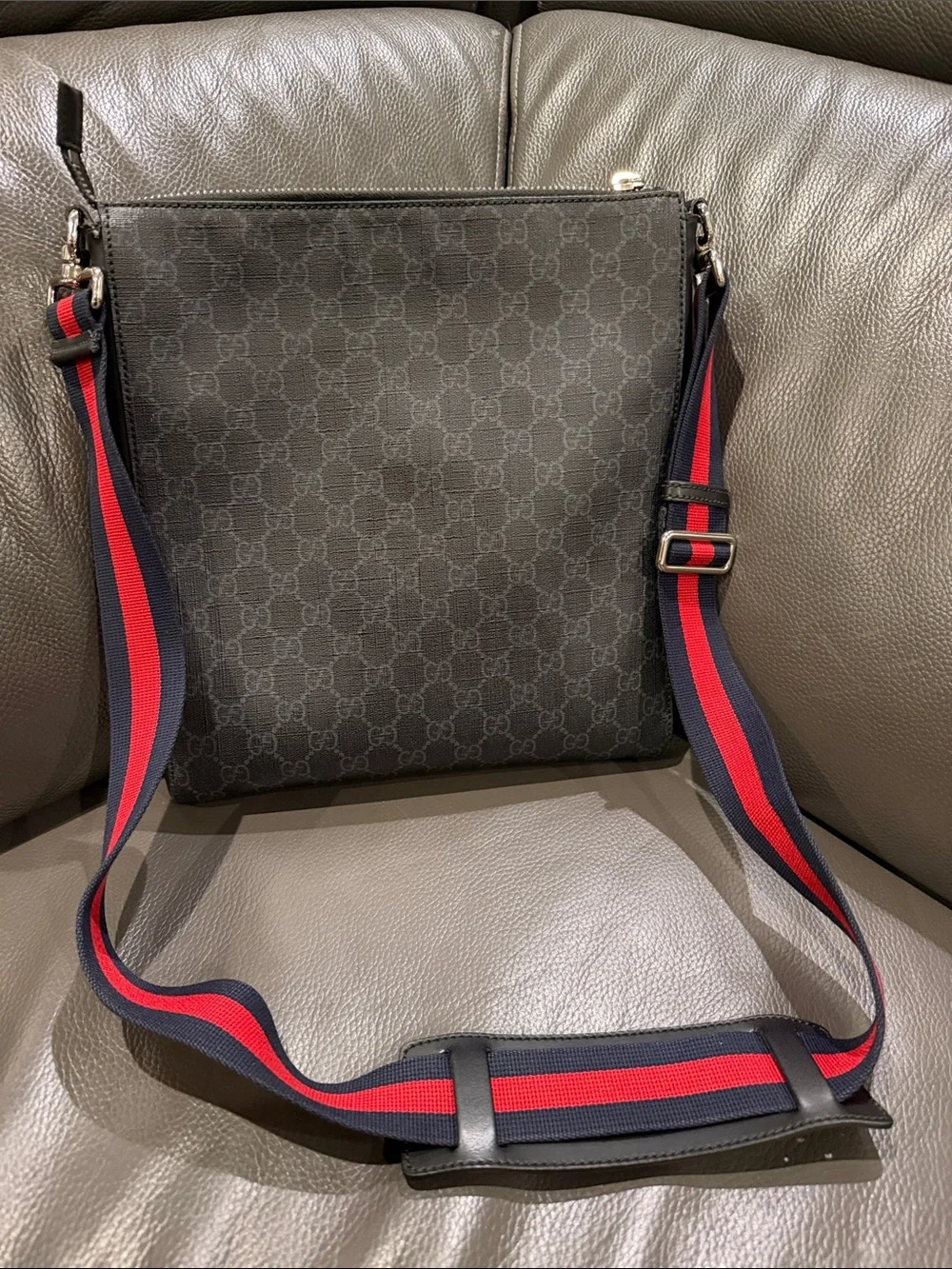 Gucci Black Messenger Bag with Red-Blue Web Strap